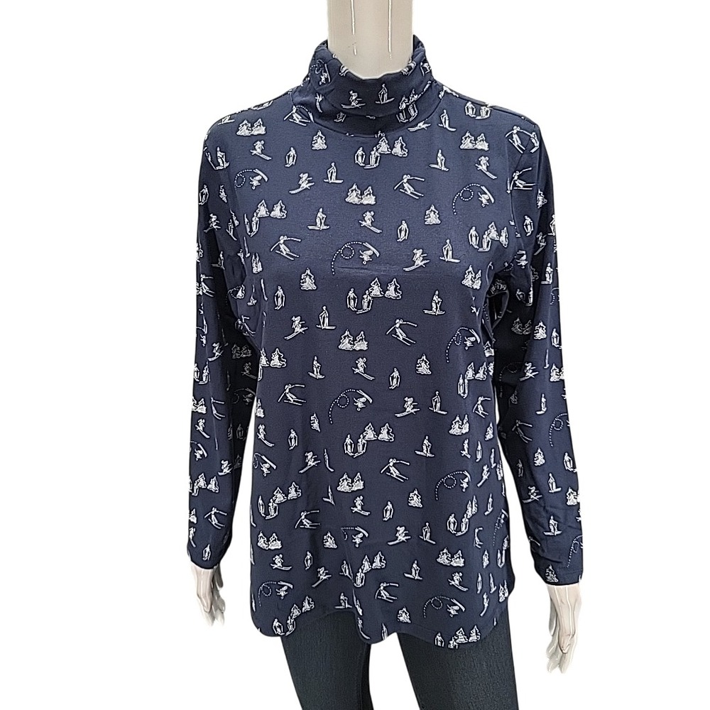 Christopher & Banks Navy Ski Graphic Turtleneck Top Petite Large NWT